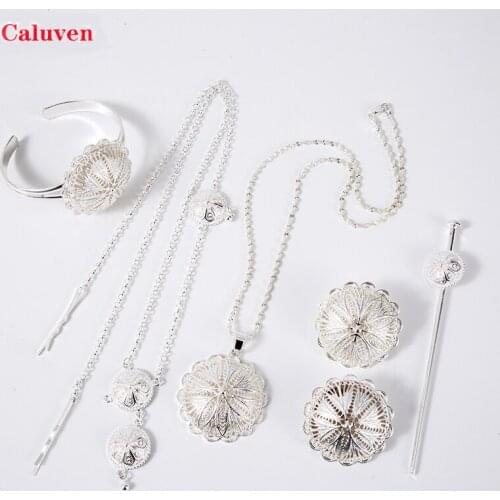 Ethiopian jewelry sets for Women hair chain necklace Clip ring hairpin Silver bracelet Set African wedding gifts