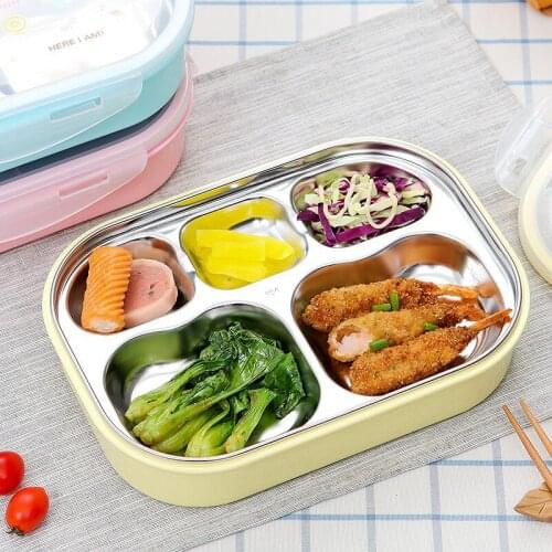 Stainless Steel Lunch Box For School Lunch Bento Containers Rectangle Cartoon 5 Compartments Kids Containers For Food Storage