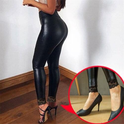 Hot Lace Edge PU Leather Pants Hot Sale Leggings Womens High Waist Womens Pants S-5XL Sexy Skinny