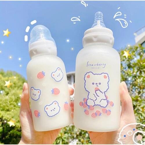 Cute Cartoon Strawberry Bear Glass Pacifier Water Bottle Straw Cup For Adult Children Milk Frosted Bottle Baby Feeding Bottles