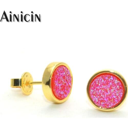 Fashion Stud Earrings Natural Drusy Pink Color Plating Gold Earrings Fashion Party Jewelry Birthday Gift