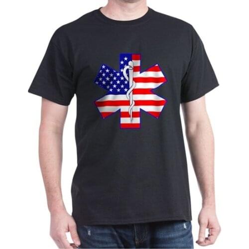 EMS EMT Paramedic Mens T-Shirt American Flag Caduceus Symbol Cotton Round Neck Short Sleeve T Shirt