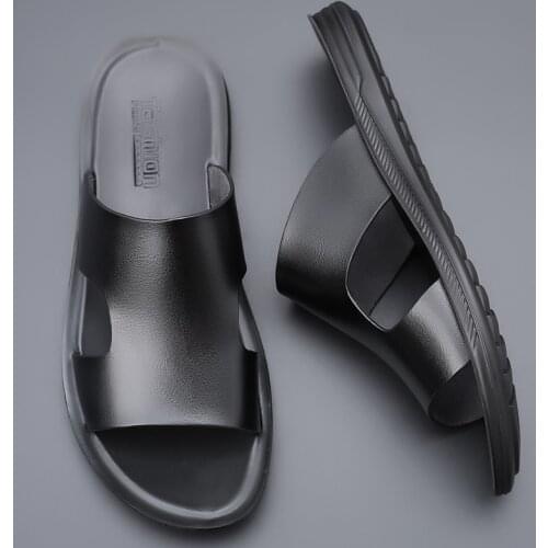 WEH leather slippers for men high quality 2021 new Fashion Flats Summer Beach Soft Leather slides for men Casual Outside Sandals