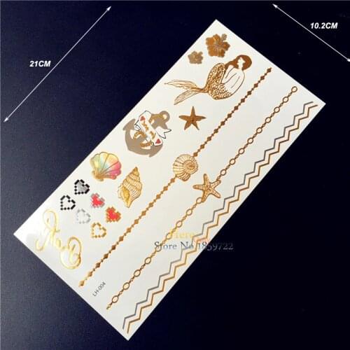 New 1PC Gold Tattoo Bracelet Men Women Fake Jewel Flash Metallic Tattoo Mermaid Shell Star Fish Pattern Temporary Tattoo Sticker