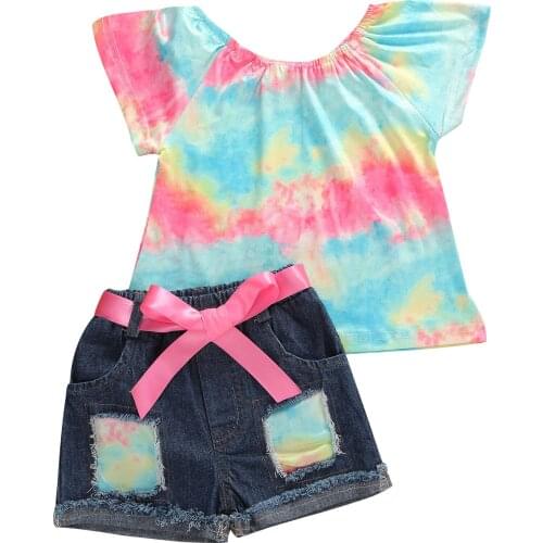 1-6Y Summer Baby Girls Clothes Sets Rainbow Print Ruffles Sleeve T Shirts Tops+Denim Blue Shorts 2pcs