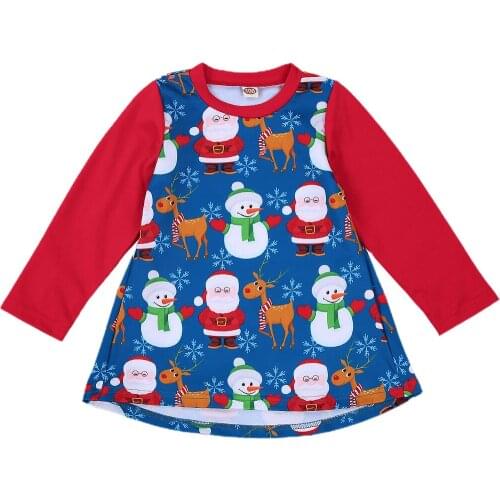 Pudcoco 2020 Kids Baby Girl Chirstmas Printed Dresses Round Neck Long Sleeve Mini Dress Toddler Girls Xmas Party Dresses 0-5Year