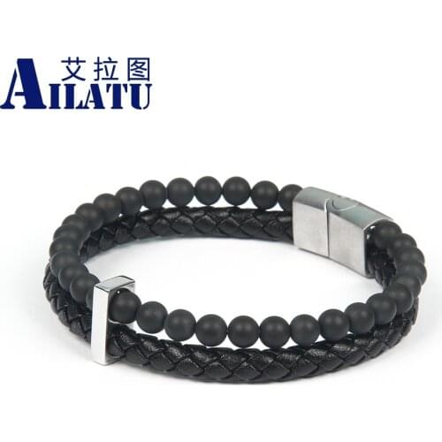 Braided Leather Bracelet Matte Onyx Stone Beads Bracelet Stainless Steel Magnetic Clasps Men Wrist Jewelry Gifts Drop Shipping