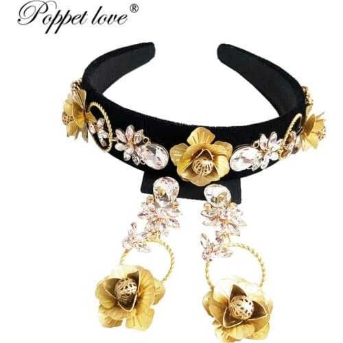 Gold Pearl Wedding Headband Crystal Bride Hair Accessories Long Hair Flannel Bridal Hairband Bride Bridesmaids Jewelry