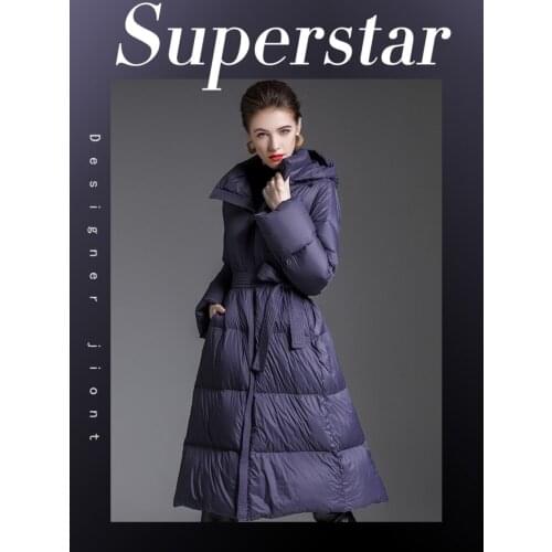 2020 New Fashion White Duck Down Hooded Down Jacket Winter Ladies Mid-Length Over The knee thick coat purple black