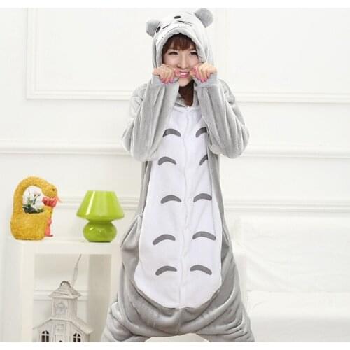 Grey Totoro Animal Cosplay Costume Onesie Hoodie For Adult Women Men Halloween Holiday Party Flannel Full Length
