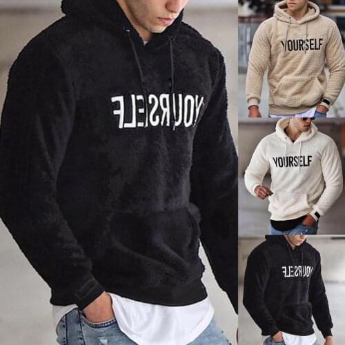 Hooded Sweatshirt Letters Embroidery Long Sleeve Pullover Spring Men Pockets Plush Warm Hoodie for Streetware for Male Clothing