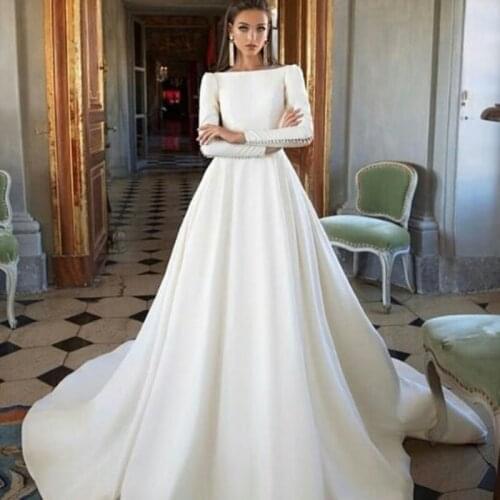 Vestidos de novia Long Sleeves wedding Dress 2019 Soft Satin Button Wedding Dresses vestido de novia White/Lvory Bride Dresses