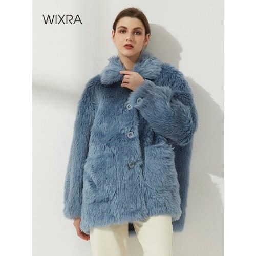 Wixra Women Sheepskin Wool Coat Ladies Winter Single Breasted Genuine Fur Outwear Jacket Oversize Warm Luxury Overcoat
