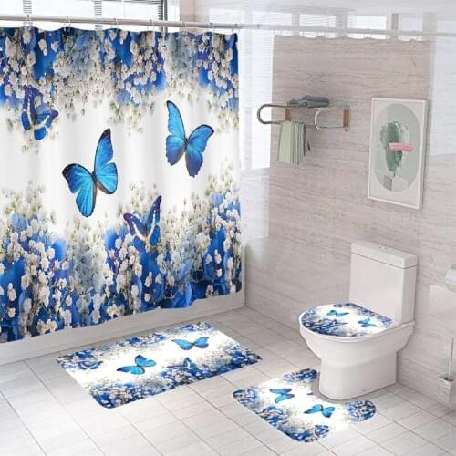 Butterfly Bathroom Shower Curtain And Rug Sets Beautiful Flower Pattern Pedestal ​Rug Lid Toilet Cover Mat Bath Curtains