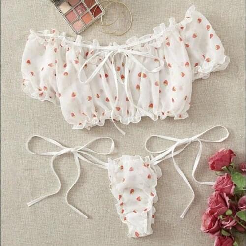 Women Strawberry Print Bra Lingerie Sexy Lace G-String Set Mesh Fetish Garter Gothic Briefs Cut-Out Bondage Erotic Sleepwear
