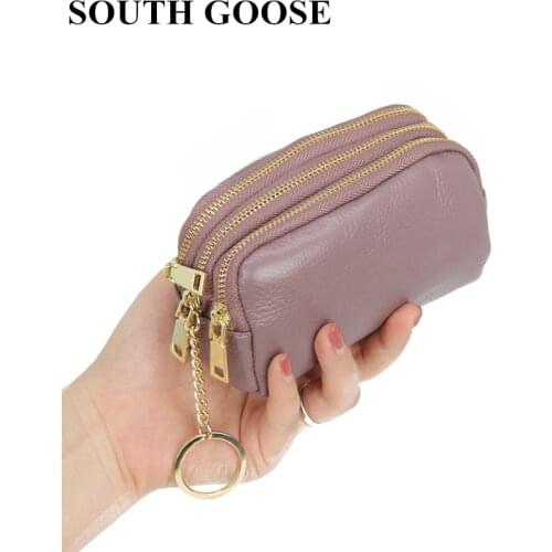 Women Coin Purse Genuine Leather Female Three-layer Zipper Organizer Mini Pouch Ladies High-capacity Small Wallets with Key Ring