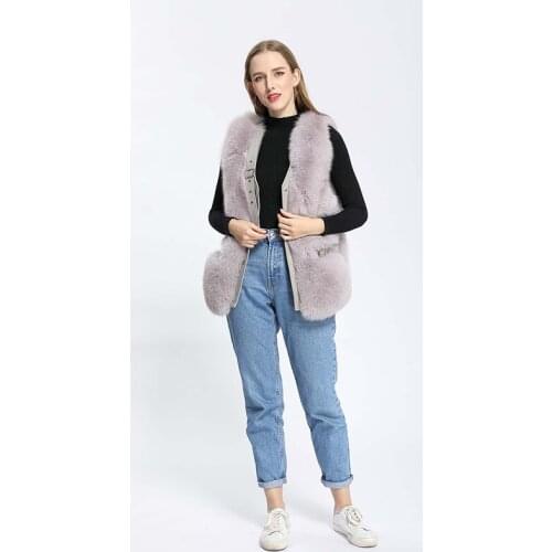 High Quality Womens Authentic Fox Jacket Natural Fur Fashion Vest V-neck Straight Pocket Fox Vest