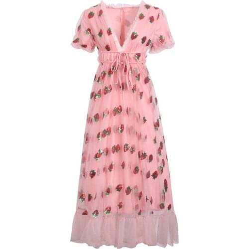 2021 New Summer Strawberry Long Mesh Lace Dress for Women Sexy Strawberry Dress Sweet Mesh Yarn V-Neck Pleated Long Dresses