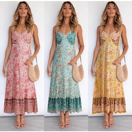 Bohemian Sling Floral Sling Dress 2021 Summer New Casual Womens Pleated Sexy Dress
