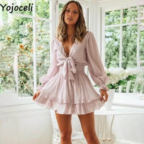 Yojoceli Autumn elegant ruffle bow dress women Casual cottom soft short dress Daily sexy white female dress vestidos