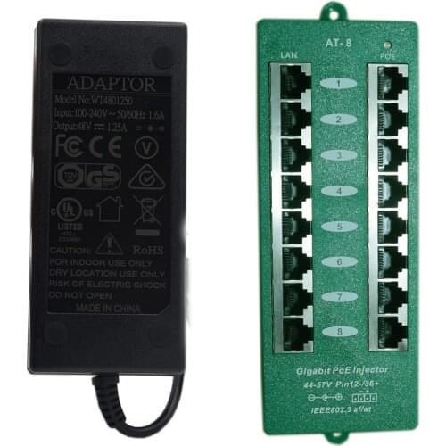 8 Port Gigabit Power over Ethernet PoE+ Auto Negotiating Injector with 48 volt 60 watt Power Supply: AT-8-48v60w