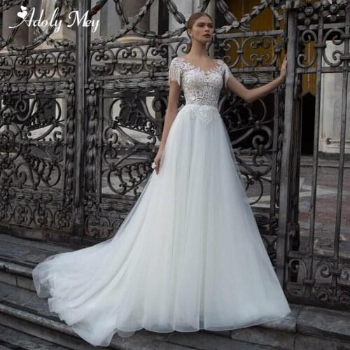 Adoly Mey Elegant Scoop Neck Tulle Brush Train A-Line Wedding Dress 2020 Luxury Beaded Cap Sleeve Appliques Bohemian Bridal Gown