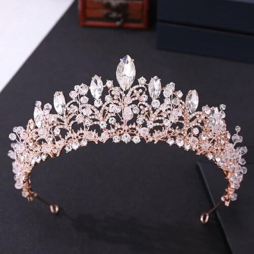Baroque Luxury Rose Gold Crystal Beads Heart Bridal Tiaras Crown Big Rhinestone Pageant Diadem Headband Wedding Hair Accessories
