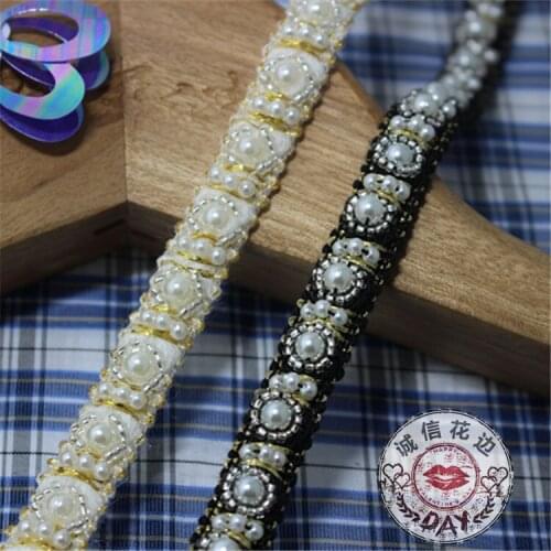 Free Shipping 1Yards 1.2cm Big Bead Fake Pearl Beaded Lace Trim Vintage Paillette Lace Trimmings for Dress Collar Applique Z981
