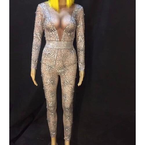 Sparkly Glass Crystals Jumpsuit Womens sexy Gray Leggings Bodysuit Costume Dance Stage Wear Female Singer Big Stretch Outfit