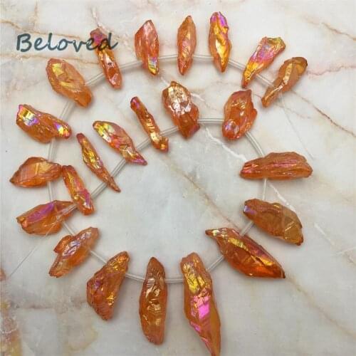 Top Drilled Titanium Orange Crystal Quartz Stick Loose Beads, Druzy Raw Quartz Spike Jewelry Making Findings, BG18243