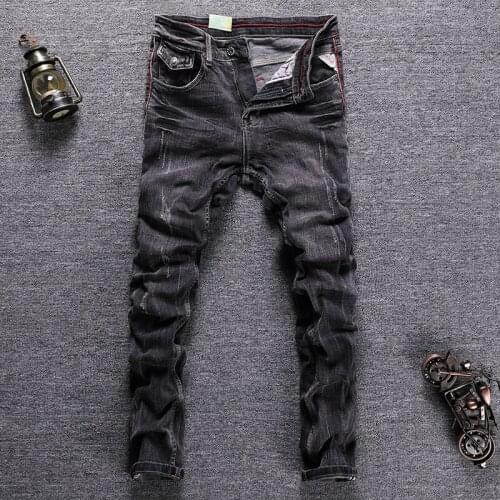 European Vintage Fashion Men Jeans Retro Black Gray Elastic Slim Fit Ripped Jeans Men Designer Stretch Casual Cotton Denim Pants