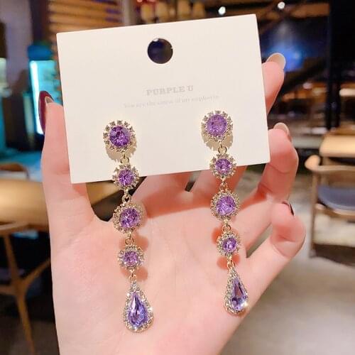 Korean Purple Rhinestone Love Heart Flower Dangle Earrings Long Water Drop Crystal Jewelry Pendientes For Women Fashion
