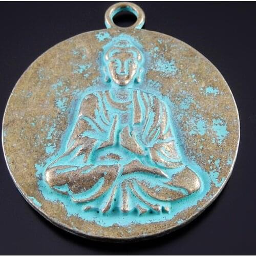 Julie Wang 1pcs Antique Bronze Charms Simulated Cute Circle Green Buddha Pendants Hanging Jewelry Crafts Necklace Accessory