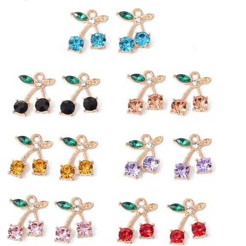 Julie Wang 8PCS Rhinestone Cherry Charms Alloy Fruit Mixed Colors Pendant Bracelet Earring Jewelry Making Accessory