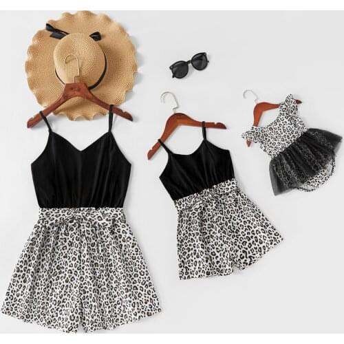 PatPat New Summer Black Splice Leopard Print Sling Rompers for Mommy and Me