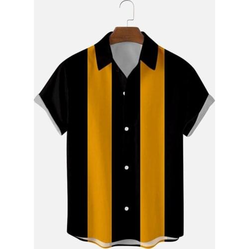 Men Clothing 2021 New Summer Yellow Stripes 3D Digital Printing Trend Loose Short-sleeved Shirt Mens Top Camisas Para Hombre