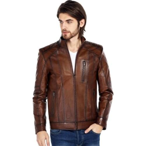 Genuine Soft Leather Handmade Brown Man Jacket Biker Style High Quality Lambskin Metal Zipper Autumn Gift For Valentines Day