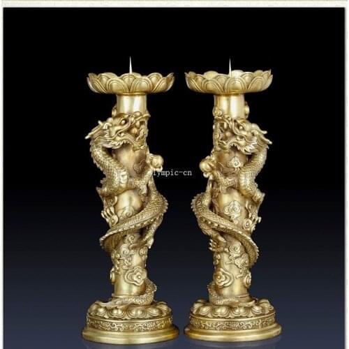 Pair 16'' bronze red copper home fengshui auspicious beast dragon candlestick