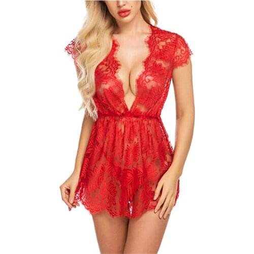 Sexy Lady Nightdress Lace Hollow Sexy Deep V-neck Ultra Short Perspective Skirt Womens Home Nightdress