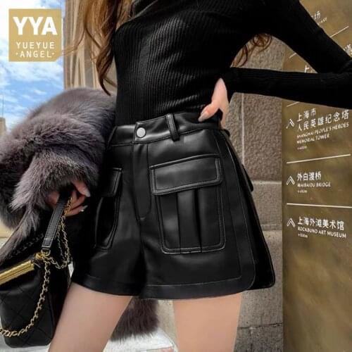 Fashion Women High Waist Wide Leg Sheepskin Genuine Leather Shorts Pockets Loose Fit Cargo Shorts Boot Cut Trousers Streetwear