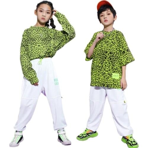 Girls Boys Hip Hop Outfit Fluorescent Green Leopard Print T-Shirt Or White Sweatpants Clothes Loose Tracksuit Casual wear