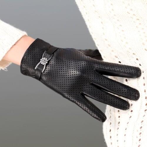 Top Grade free shipping womens Top sheepskin leather gothic glove with acrylic black beige brown Luva de couro 1 Pair/lot