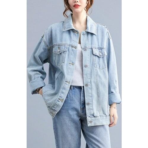 Women Loose Casual Denim Jackets New Arrival 2021 Autumn Korean Style Turn-down Collar All-match Female Jeans Coats B492