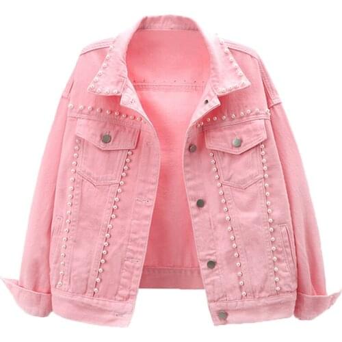 Pearl beading denim jacket women short loose color casual laprl student outwear plus size
