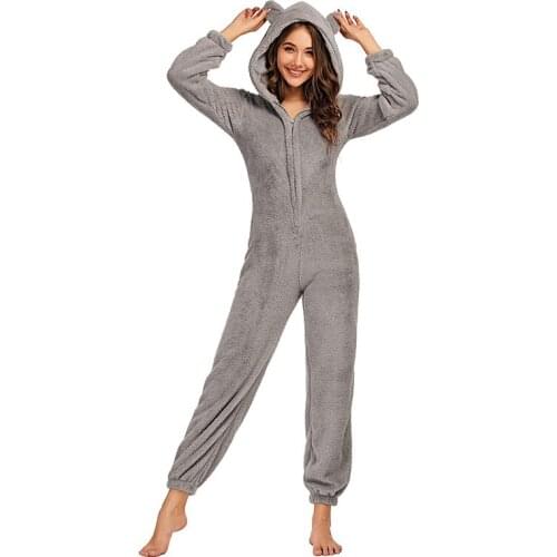 Women Winter Onesis Pajamas Plush Romper Long-Sleeve Zipper Hat Keep Warm Home Clothes Sleepwear Nightwear Nightclothes New 2020