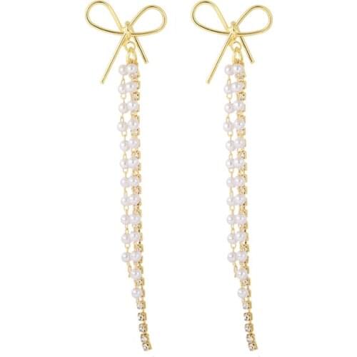 2021 Korean fashion new bow tassel long fashion all-match pearl earrings women