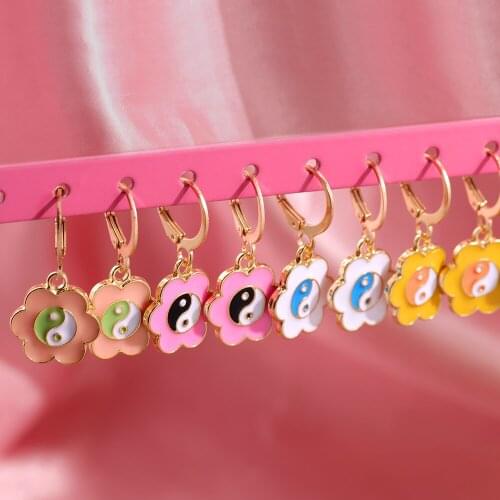 Flatfoosie 2021 Colorful Enamel Flower Yin Yang Drop Earring for Women Gold Silver Color Metal Dangle Earring Trendy New Jewelry