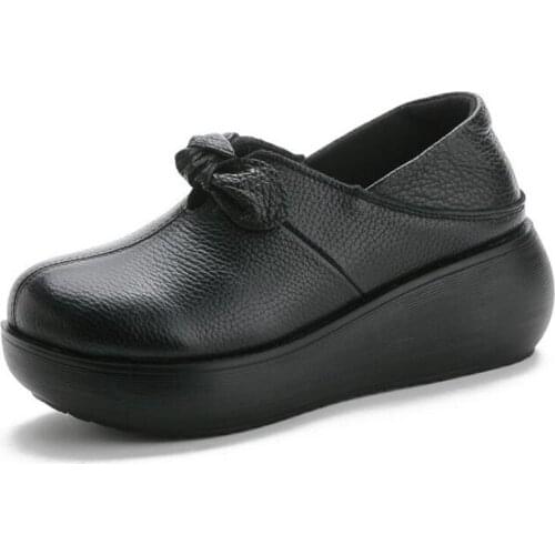 2020 New Spring Autumn Bow Genuine Leather Shoes Woman Platform Shoes Wedge Comfort Women High Heel Shoes Fashion Casual Shoes