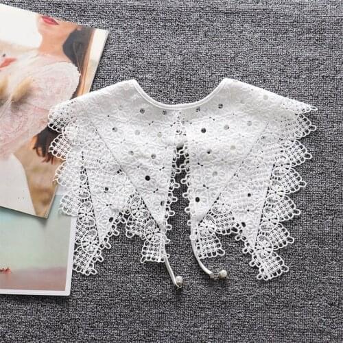 Women Ribbon Bowknot False Fake Collar Double Layer Hollow Out Lapel Big Shawl Wrap Embroidery Elegant Necklace Capelet