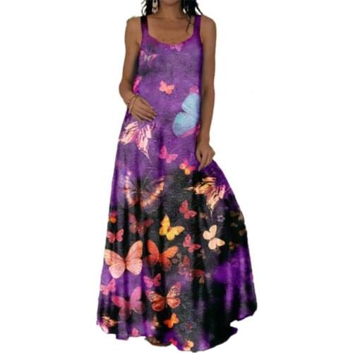 Fashion Women Bohemian Dress Sleeveless Large Hem Butterfly Floral Print Full-length Sling Dress robe femme платья для женщин